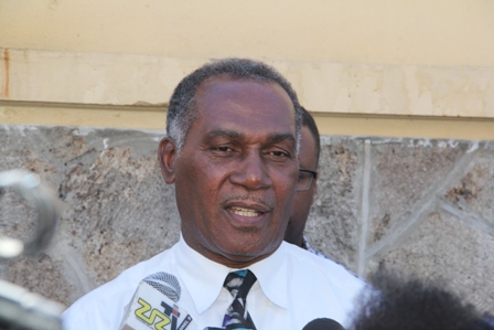 Premier of Nevis Hon. Vance Amory during a tour of the Treasury Building in Charlestown gutted by an early morning fire on January 17, 2014